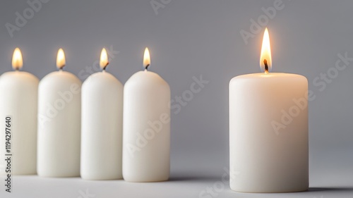 Image of lit white candle near five unlit ones on gray background