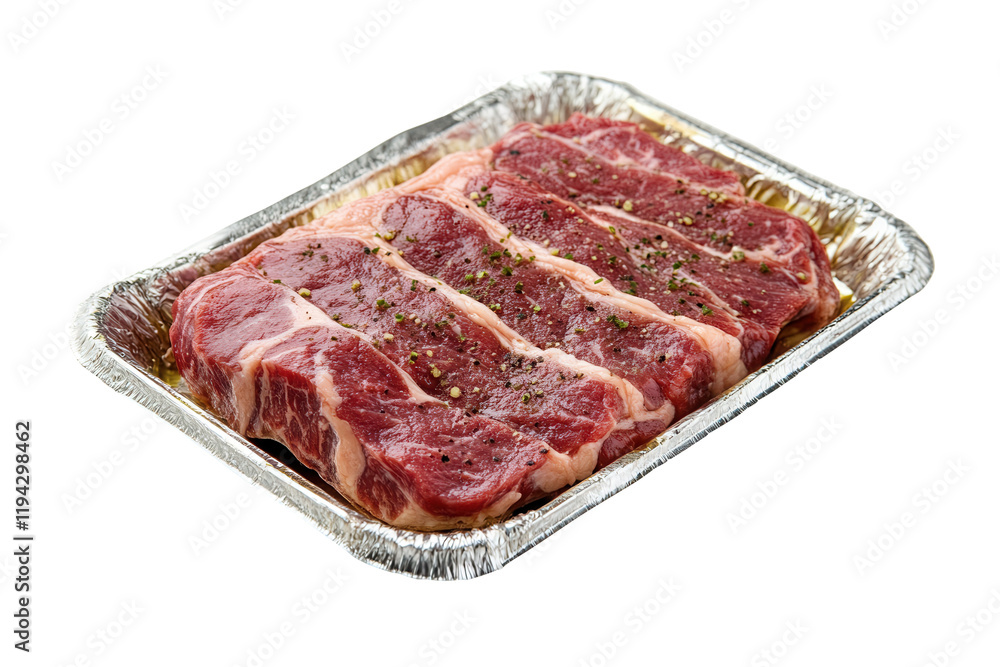 Marinated steaks, aluminum tray, white background, ready to cook Marinated steaks, aluminum tray, white background, ready to cook