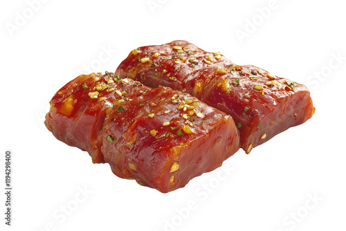 Marinated tuna steaks, studio shot, white background, recipe ingredient