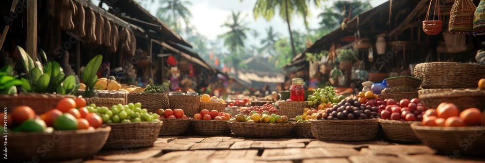Vibrant Market Scene with Fresh Produce Displayed on Wooden Stalls in a Tropical Setting Vibrant Market Scene with Fresh Produce Displayed on Wooden Stalls in a Tropical Setting