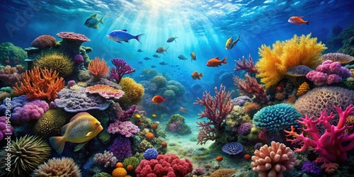 Wallpaper Mural A coral reef teeming with colorful marine life thrives beneath the surface, sea creatures, colorful fish Torontodigital.ca