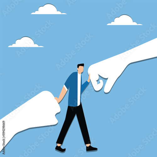 Prohibit conflict, prohibit war, deal with conflicts, clashes and troubles, businessman stops two fists about to collide