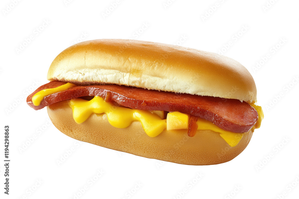 Hot dog, cheese, bun, studio shot, white background, food menu Hot dog, cheese, bun, studio shot, white background, food menu
