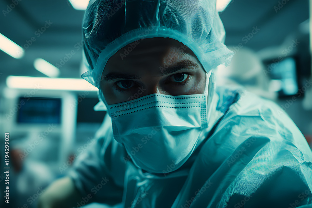 A focused surgeon in scrubs and a mask, prepared for surgery in a high-tech environment. A focused surgeon in scrubs and a mask, prepared for surgery in a high-tech environment.