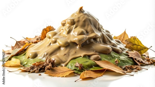 A large pile of khaki colored slime with a mix of dry leaves and twigs, organic matter, wilderness photo