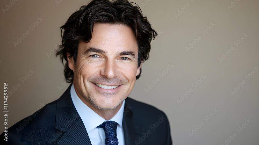 A close-up portrait of a confident businessman in formal attire, smiling warmly against a neutral background. A close-up portrait of a confident businessman in formal attire, smiling warmly against a neutral background.
