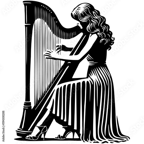 Woman Play Harp Illustration.