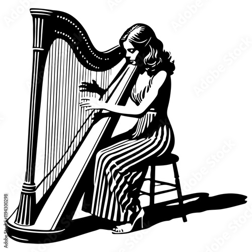 Woman Play Harp Illustration.