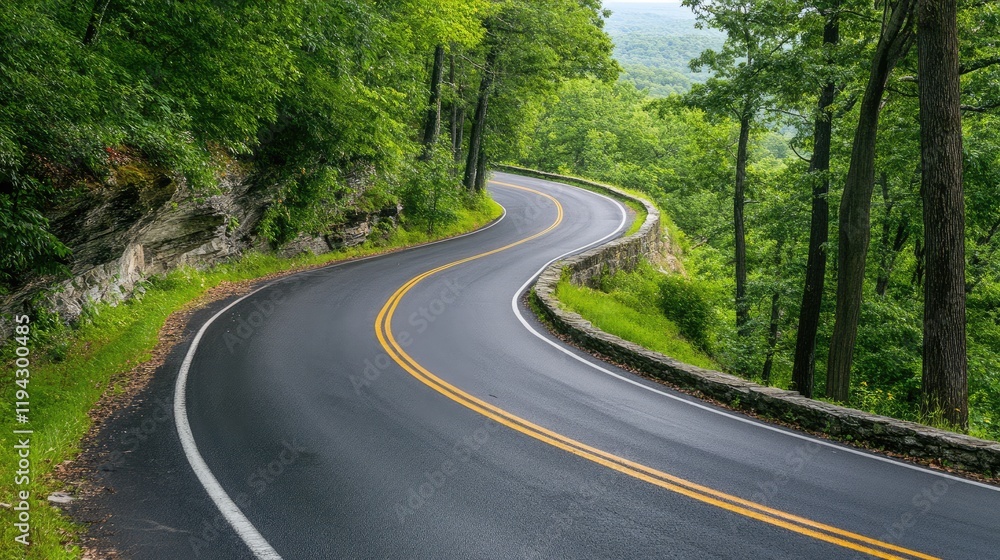 A scenic highway with sharp turns through sunlit mountainous terrain. A scenic highway with sharp turns through sunlit mountainous terrain.