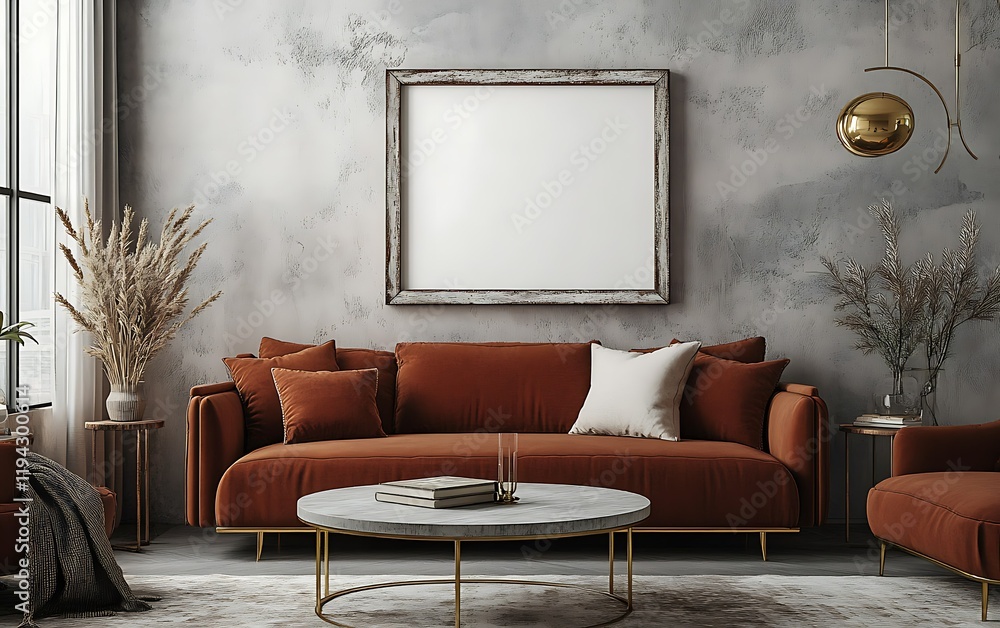 Obraz premium Modern living room interior, orange sofa, blank frame, textured wall
