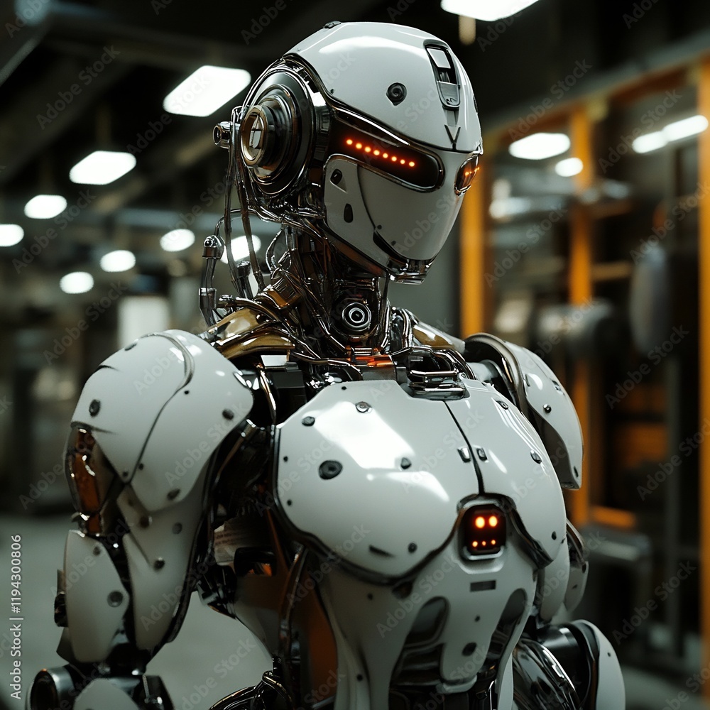Futuristic Robotic Humanoid Figure in Sci Fi Industrial Setting Futuristic Robotic Humanoid Figure in Sci Fi Industrial Setting