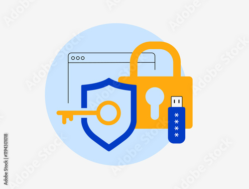 Cybersecurity concept with shield and key, padlock, USB drive and browser window. Digital data protection, online security, encryption and secure file access. Cybersecurity vector illustration