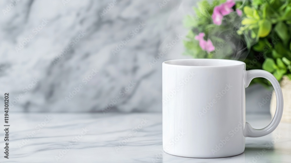 White mug on marble surface with flowers in background White mug on marble surface with flowers in background