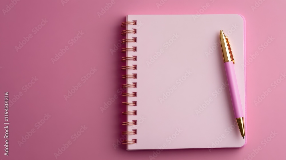 Pink spiral notebook with matching pen on background Pink spiral notebook with matching pen on background