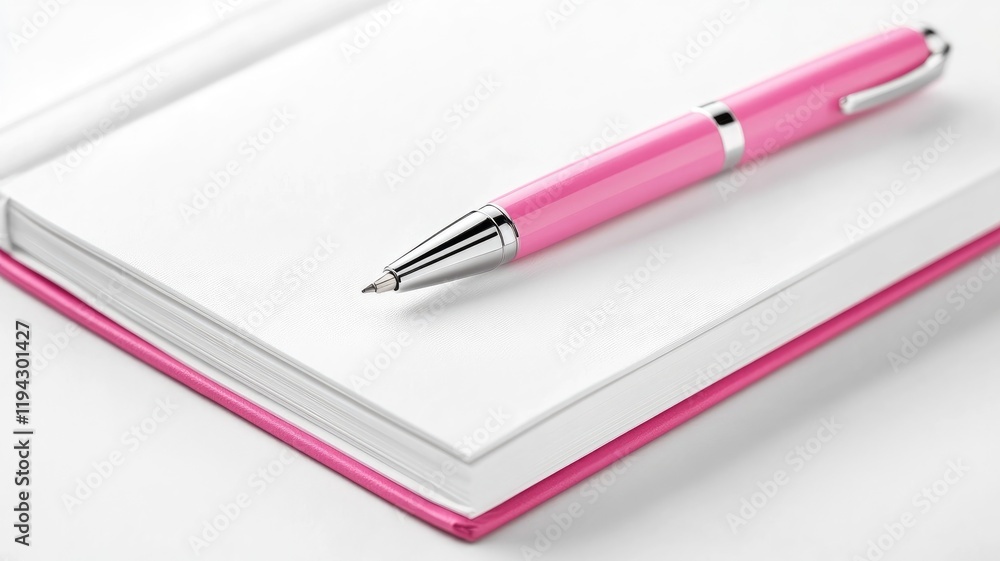 Pink pen placed on open journal with white pages provides clean and simple writing scene Pink pen placed on open journal with white pages provides clean and simple writing scene