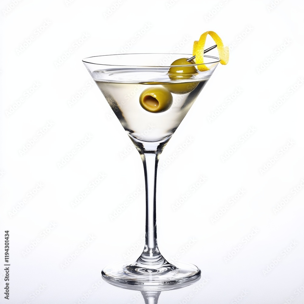 A classic martini with an olive and lemon twist, presented against an isolated white background, hyper-realism art style A classic martini with an olive and lemon twist, presented against an isolated white background, hyper-realism art style