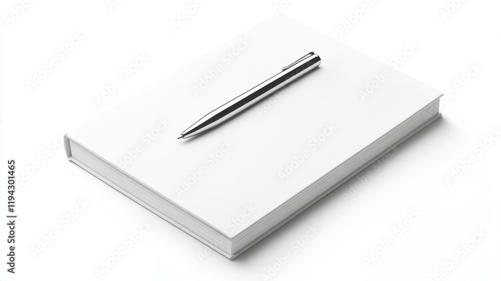 White notebook and silver pen on white background White notebook and silver pen on white background