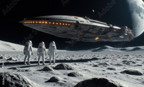 Three astronauts on a lunar landscape photo