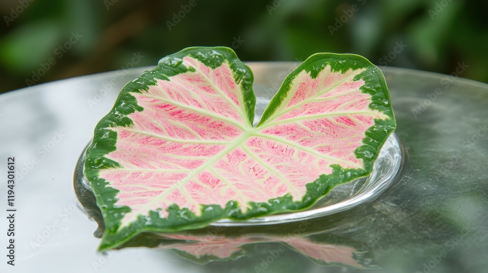A single Caladium leaf placed on a reflective glass surface, capturing its vivid colors. A single Caladium leaf placed on a reflective glass surface, capturing its vivid colors.