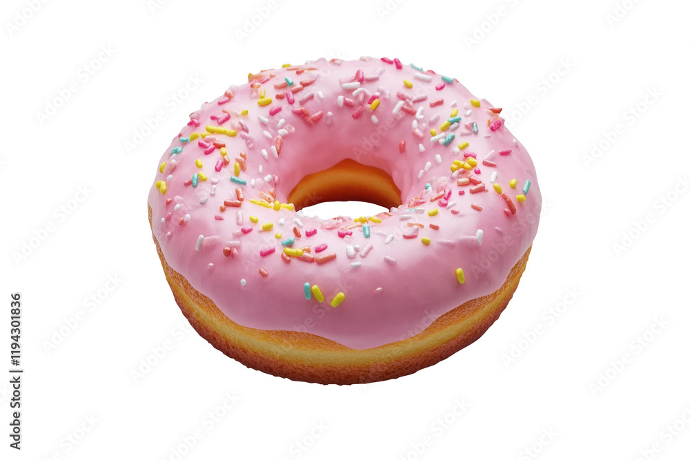 Pink donut sprinkles studio shot, white background Pink donut sprinkles studio shot, white background
