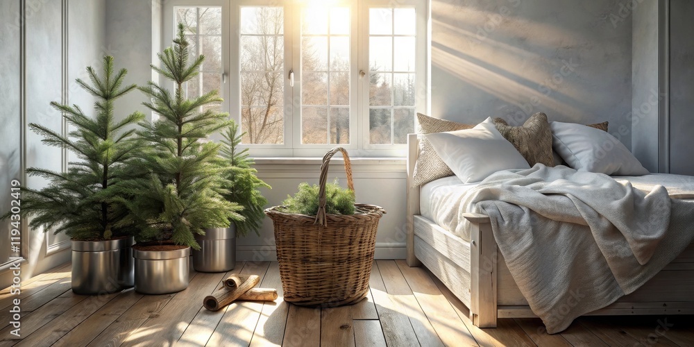 Serene bedroom scene with potted evergreens, a rustic basket, and soft bedding bathed in sunlight Serene bedroom scene with potted evergreens, a rustic basket, and soft bedding bathed in sunlight