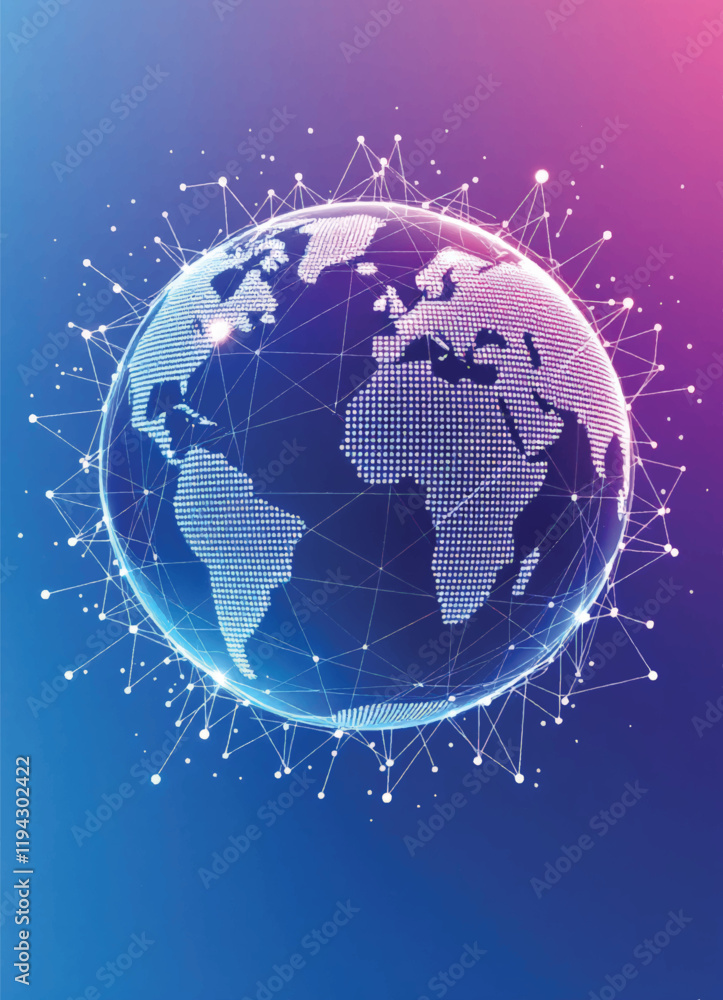 Naklejka premium abstract blue globe with connecting lines and dots with wireframes on the blue with pink lights background