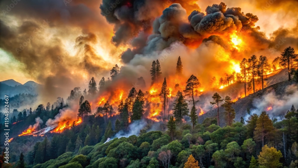 Intense Forest Fire at Sunset with Dramatic Smoke Clouds Intense Forest Fire at Sunset with Dramatic Smoke Clouds