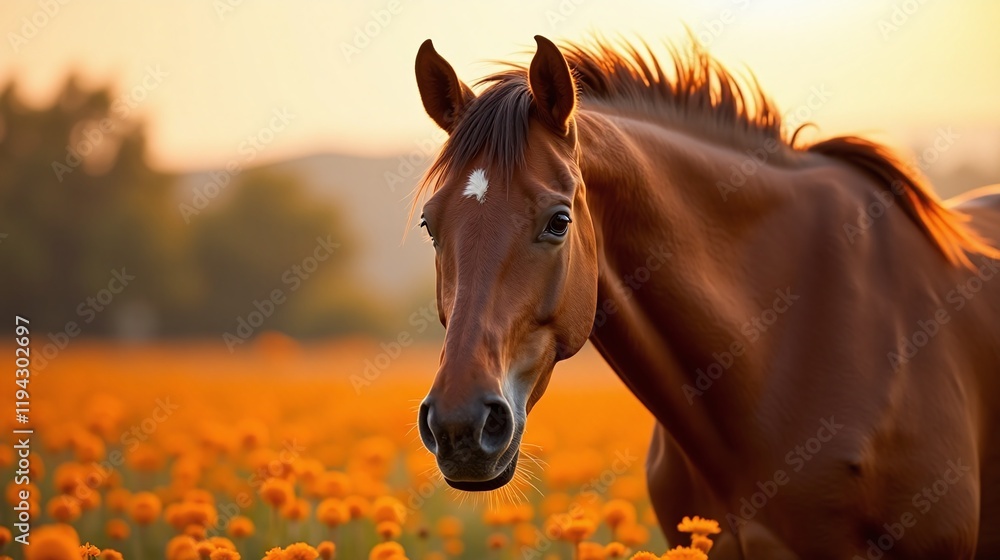 Naklejka premium Majestic brown horse portrait field of orange wildflowers
