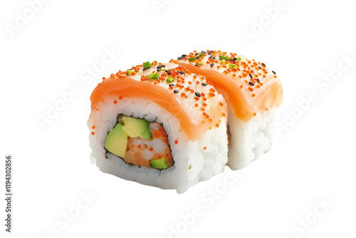 Delicious salmon sushi rolls, studio shot, white background, food photography photo