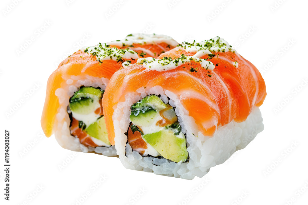 Delicious Salmon Sushi Rolls on White Delicious Salmon Sushi Rolls on White