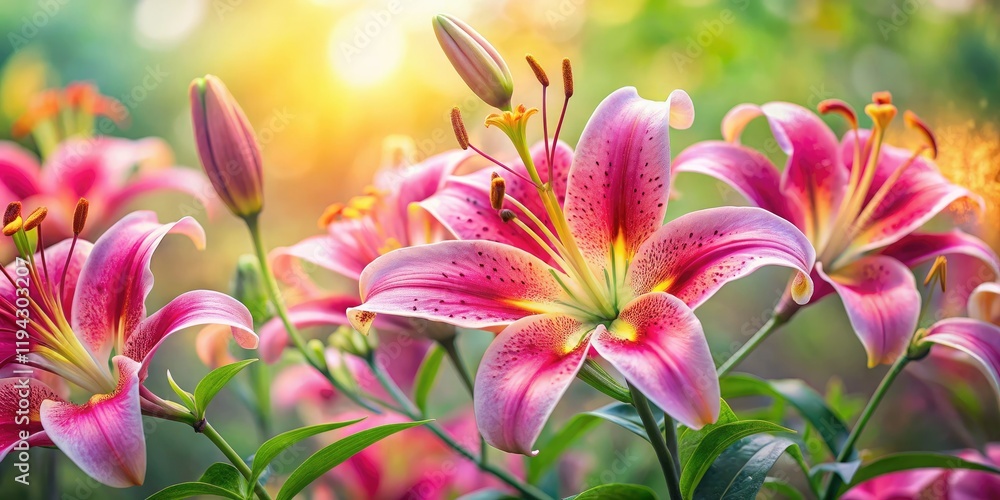 Miniature pink tiger lilies bloom in a tilt-shift garden, a captivating miniature world. Miniature pink tiger lilies bloom in a tilt-shift garden, a captivating miniature world.