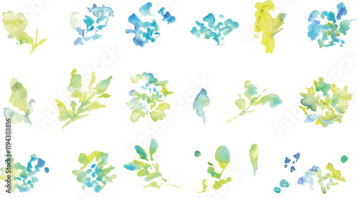 水彩画。水彩タッチの草木と花の新緑フレームパーツ。植物のベクターイラスト。Watercolor. Fresh green frame parts of grass, trees and flowers with watercolor touch. Vector illustration of plants.