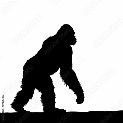 A large black and white drawing of a Bigfoot. The drawing is of a large animal with a long tail and a large head
