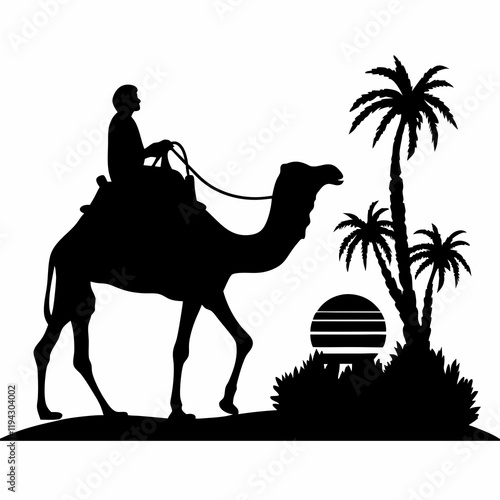 A man is riding a camel in the desert. The camel is carrying a man on its back