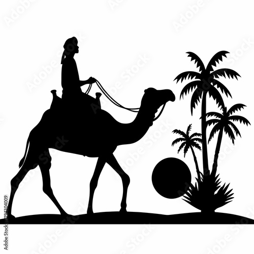 A man is riding a camel in the desert. The camel is carrying a man on its back