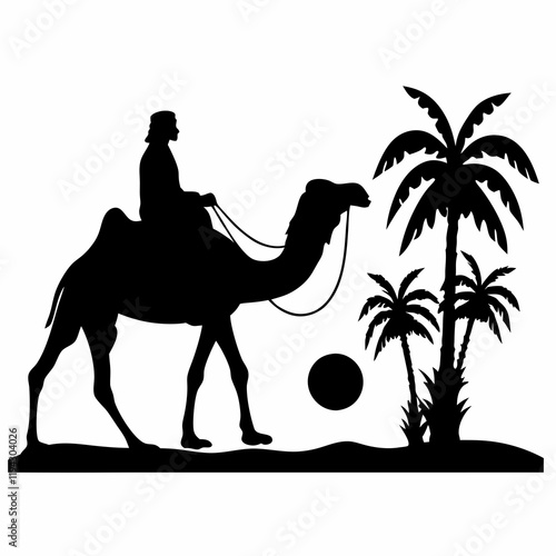 A man is riding a camel in the desert. The camel is carrying a man on its back