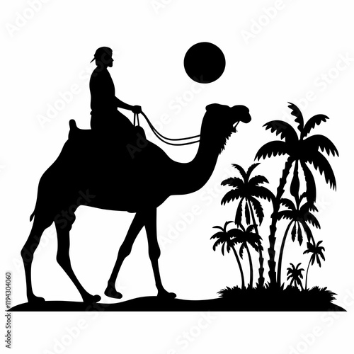 A man is riding a camel in the desert. The camel is carrying a man on its back