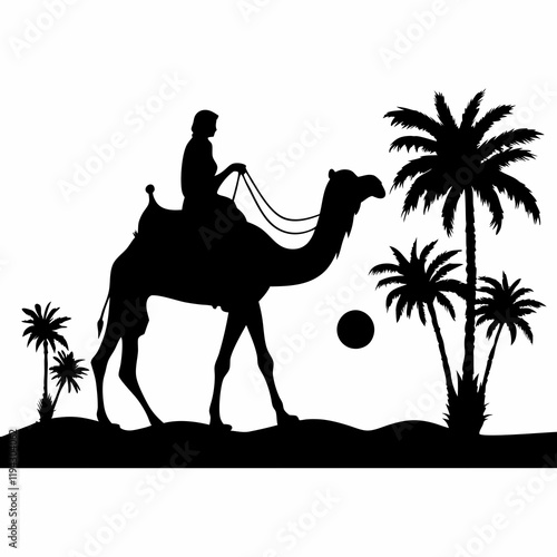 A man is riding a camel in the desert. The camel is carrying a man on its back