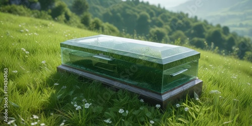 A modern glass coffin placed on a hilltop covered in soft green grass and a few scattered leaves, coffin, grass, grave