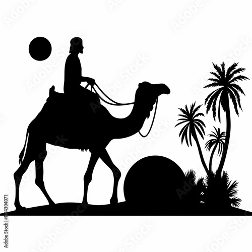 A man is riding a camel in the desert. The camel is carrying a man on its back