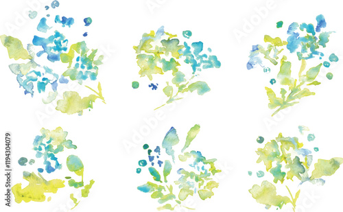 水彩画。水彩タッチの草木と花の新緑フレームパーツ。植物のベクターイラスト。Watercolor. Fresh green frame parts of grass, trees and flowers with watercolor touch. Vector illustration of plants.