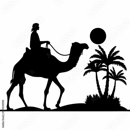 A man is riding a camel in the desert. The camel is carrying a man on its back