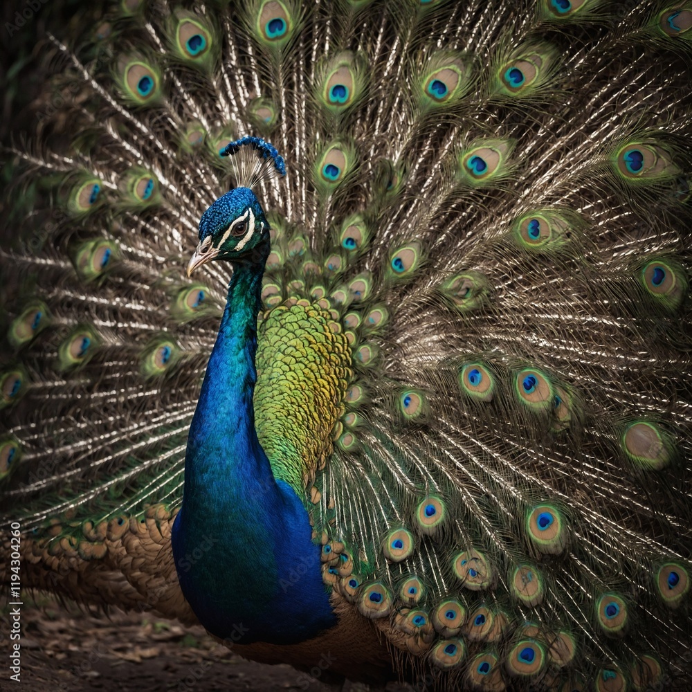 Fototapeta premium Photograph a peacock showcasing its vibrant tail feathers.