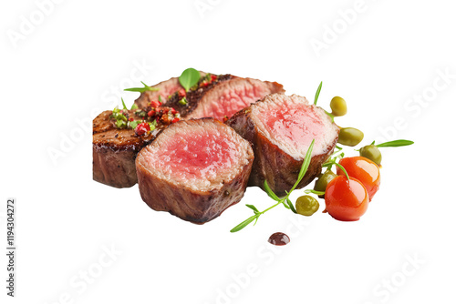 Grilled Steak Slices, Herbs, White Background