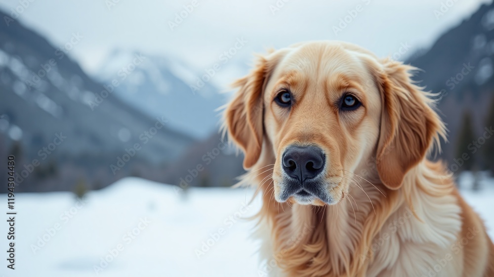 Golden retriever portrait snowy landscape soft focus background Golden retriever portrait snowy landscape soft focus background