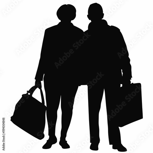 A man and woman are walking down the street. The man is carrying a suitcase and the woman is carrying a handbag