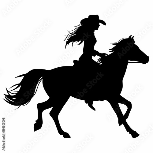 A woman is riding a horse. The horse is black. The woman is wearing a cowboy hat