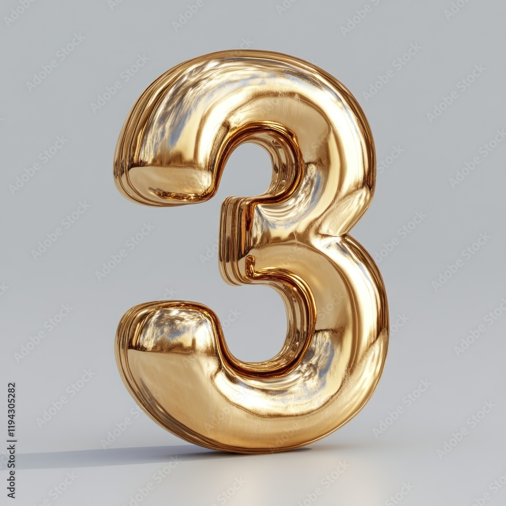 Golden Number Three: A Shiny, Reflective 3D Render Golden Number Three: A Shiny, Reflective 3D Render