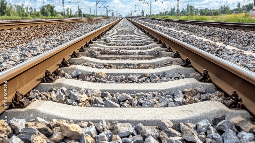 Parallel railway tracks running through a vast, open desert landscape. Parallel railway tracks running through a vast, open desert landscape.