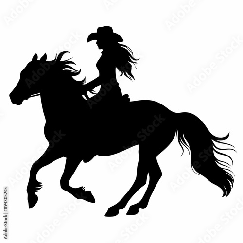A woman is riding a horse. The horse is black. The woman is wearing a cowboy hat